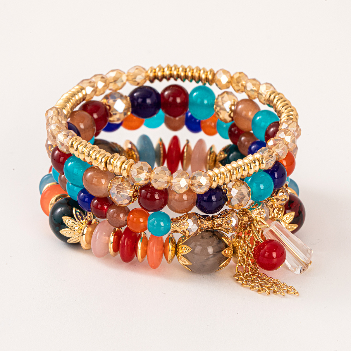 Multiple colors glass alloy resin 6mm Bohemian style Wind Pagoda Chain multi-layer bead bracelet