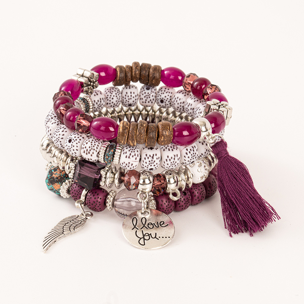 Multiple colors glass alloy resin 6mm Bohemian style Circular wing tassel multi-layer bead bracelet