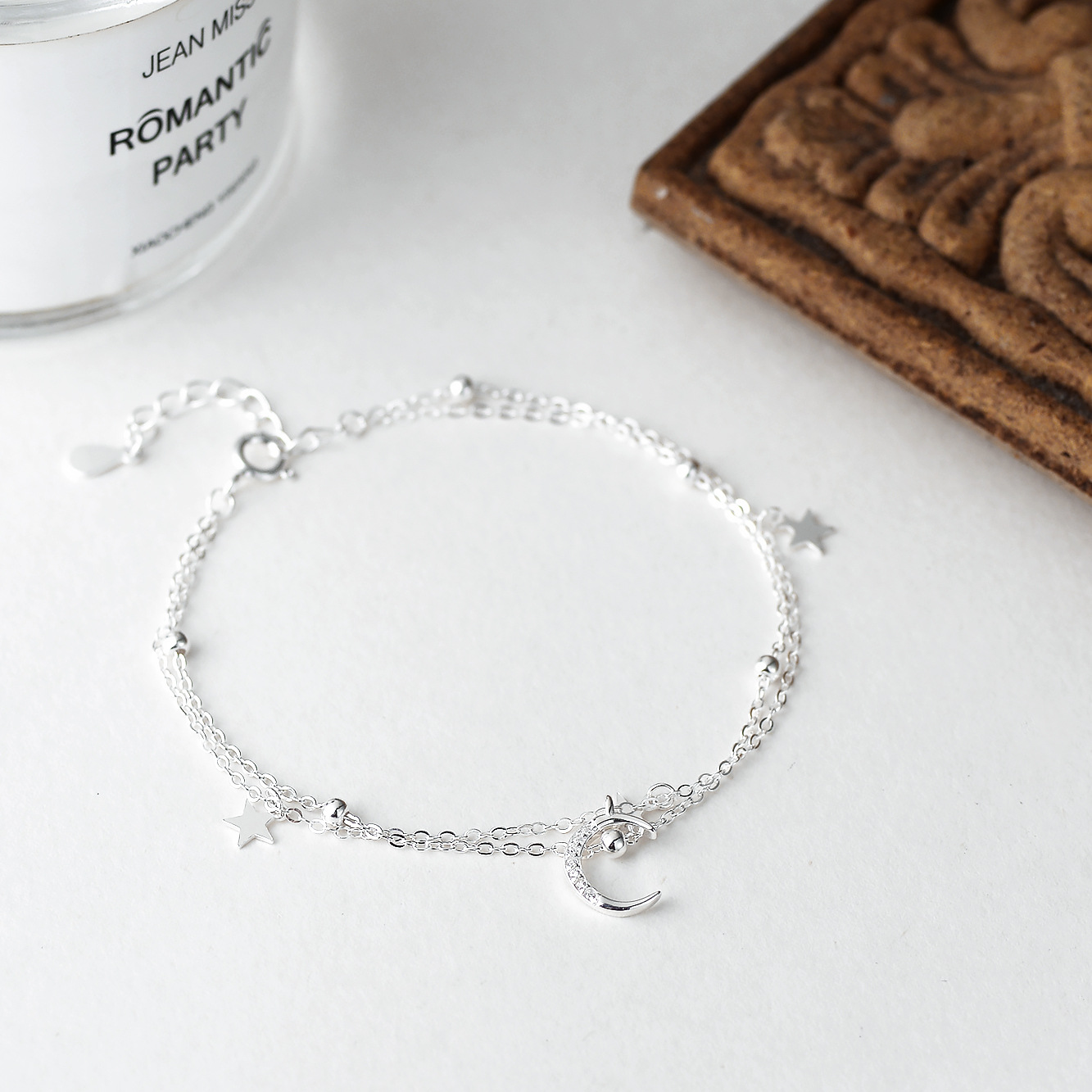 S925 1.7g 16cm+ 3.5cm extended chain sterling silver Double layered stars and moon bracelet  