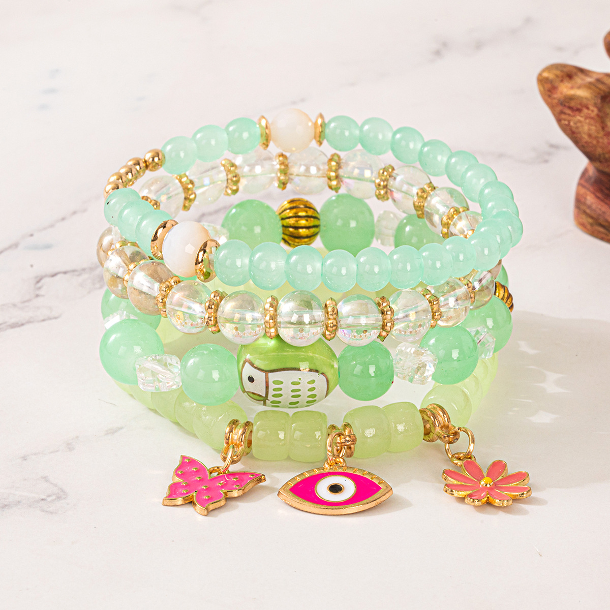 Multiple colors glass alloy resin coloured glaze 6mm Bohemian style Flower Eyes Butterfly multi-layer bead bracelet