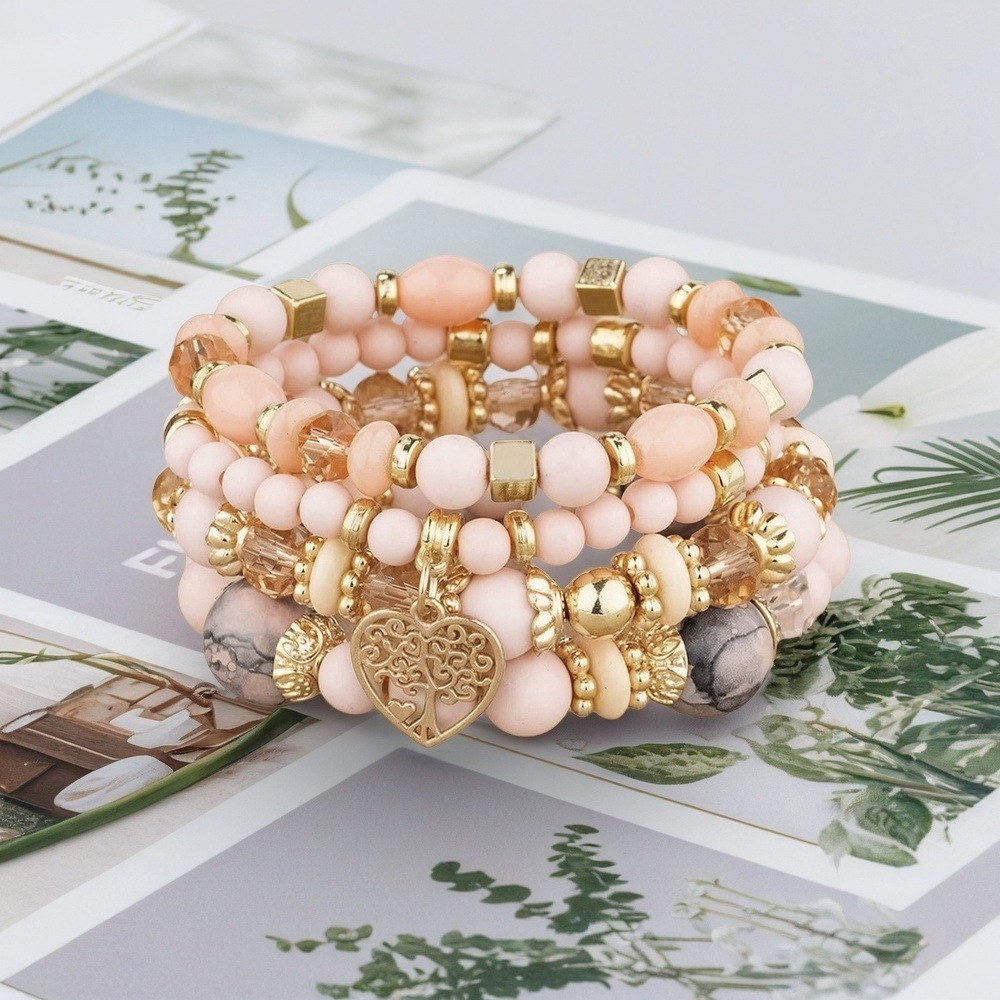 Multiple colors glass alloy resin 6mm Bohemian style hollow heart multi-layer bead bracelet
