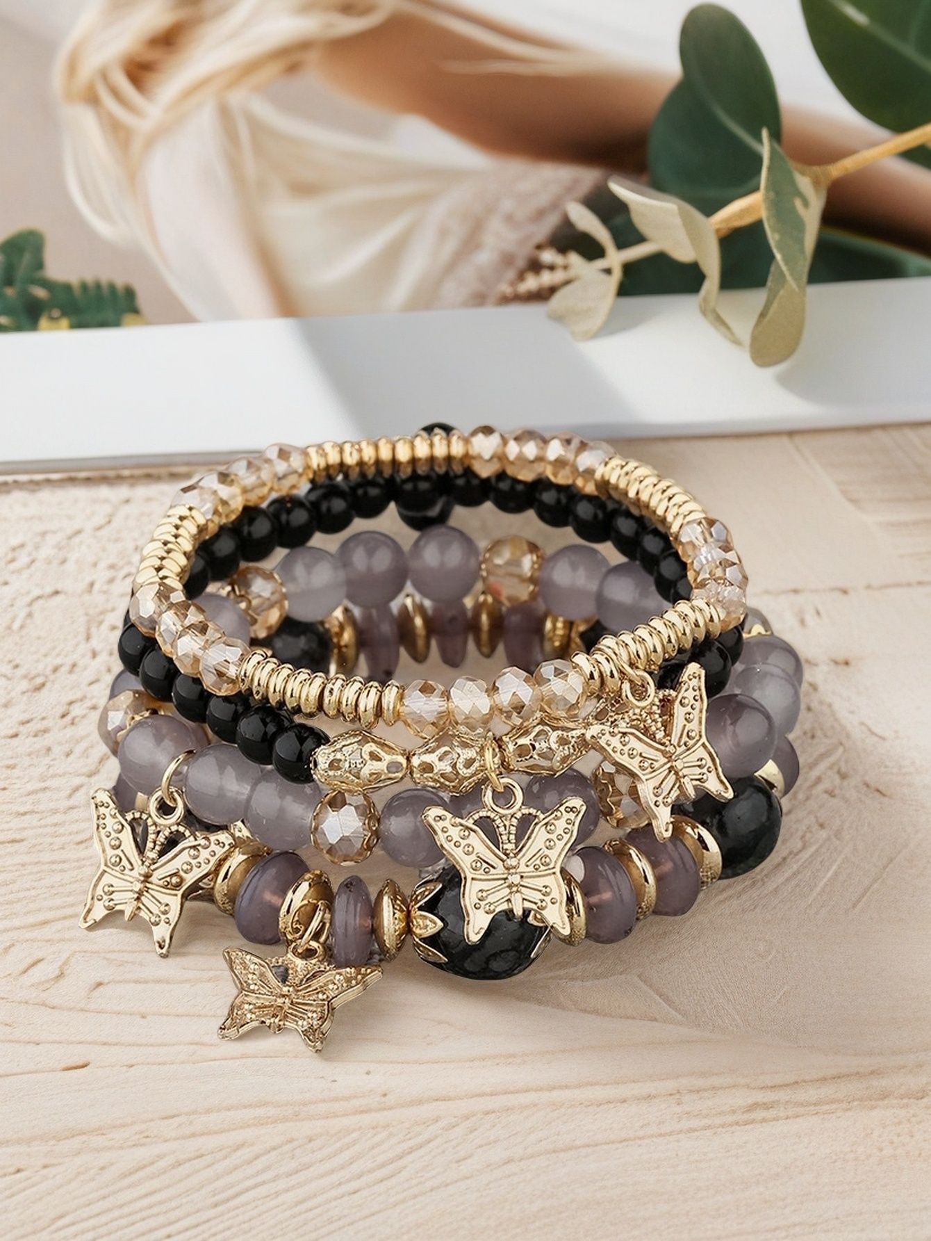 Multiple colors glass alloy resin 6mm Bohemian style Dancing butterflies multi-layer bead bracelet