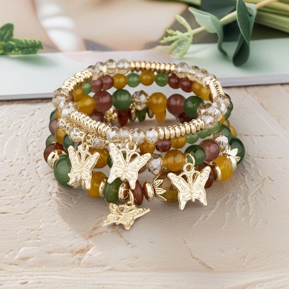 Multiple colors glass alloy resin 6mm Bohemian style Dancing butterflies multi-layer bead bracelet