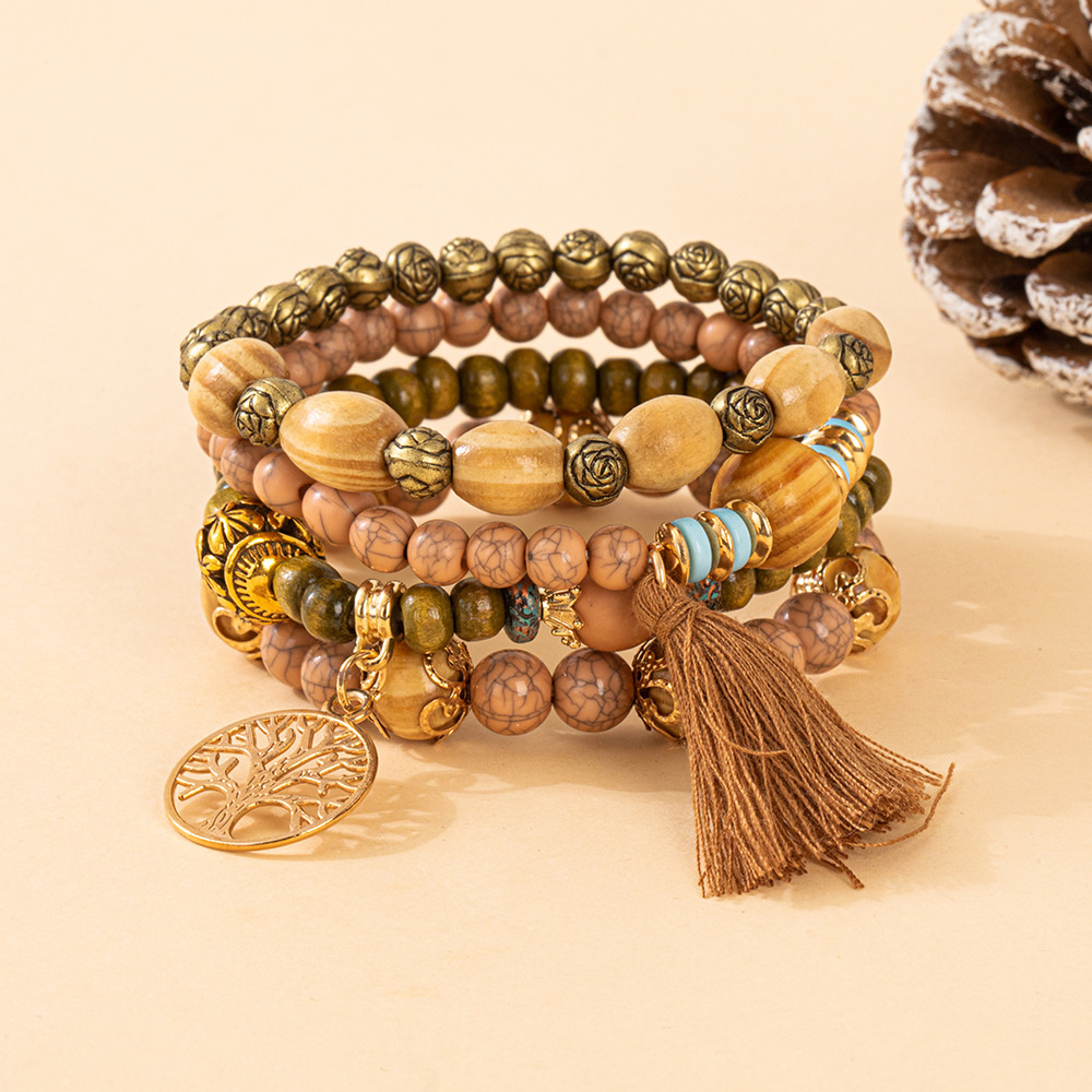 Multiple colors glass alloy resin 6mm Bohemian style Life Tree tassel multi-layer bead bracelet