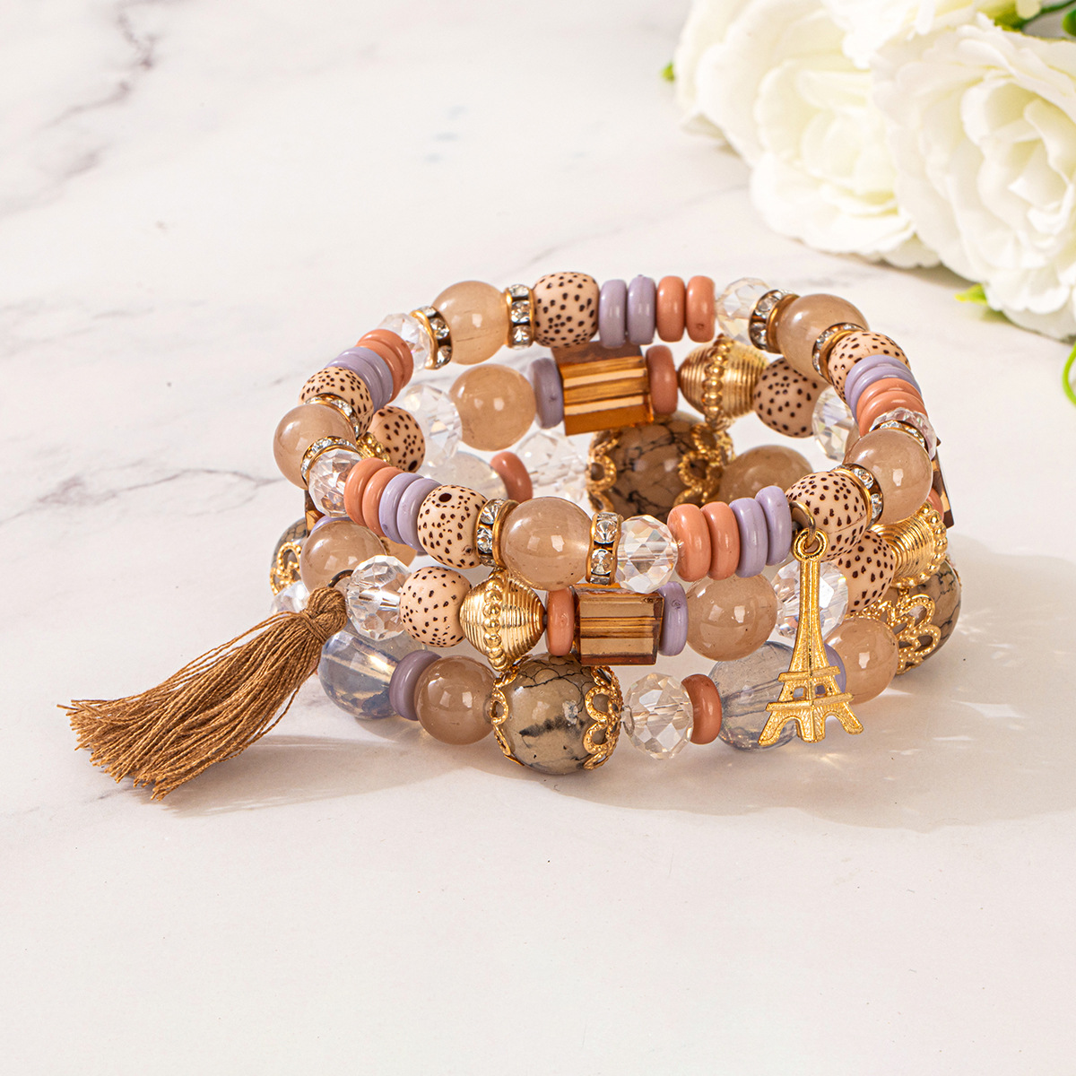 Multiple colors glass alloy resin coloured glaze 6mm Bohemian style Iron tower tassel multi-layer bead bracelet