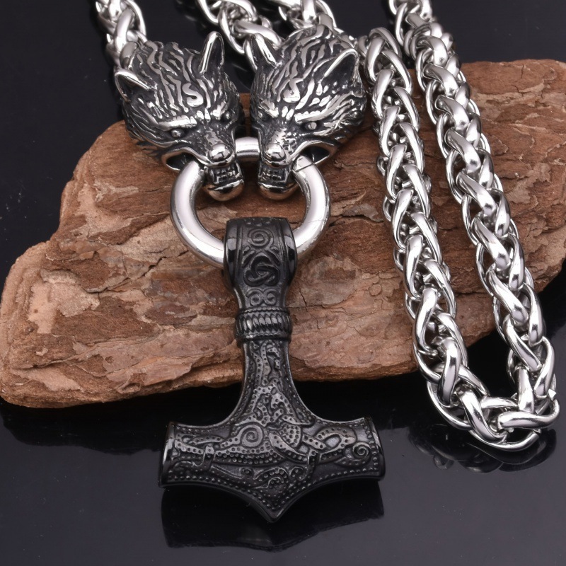 Alloy Material 60 CM Viking Men's Wolf Head Thor Hammer Pendant Necklace