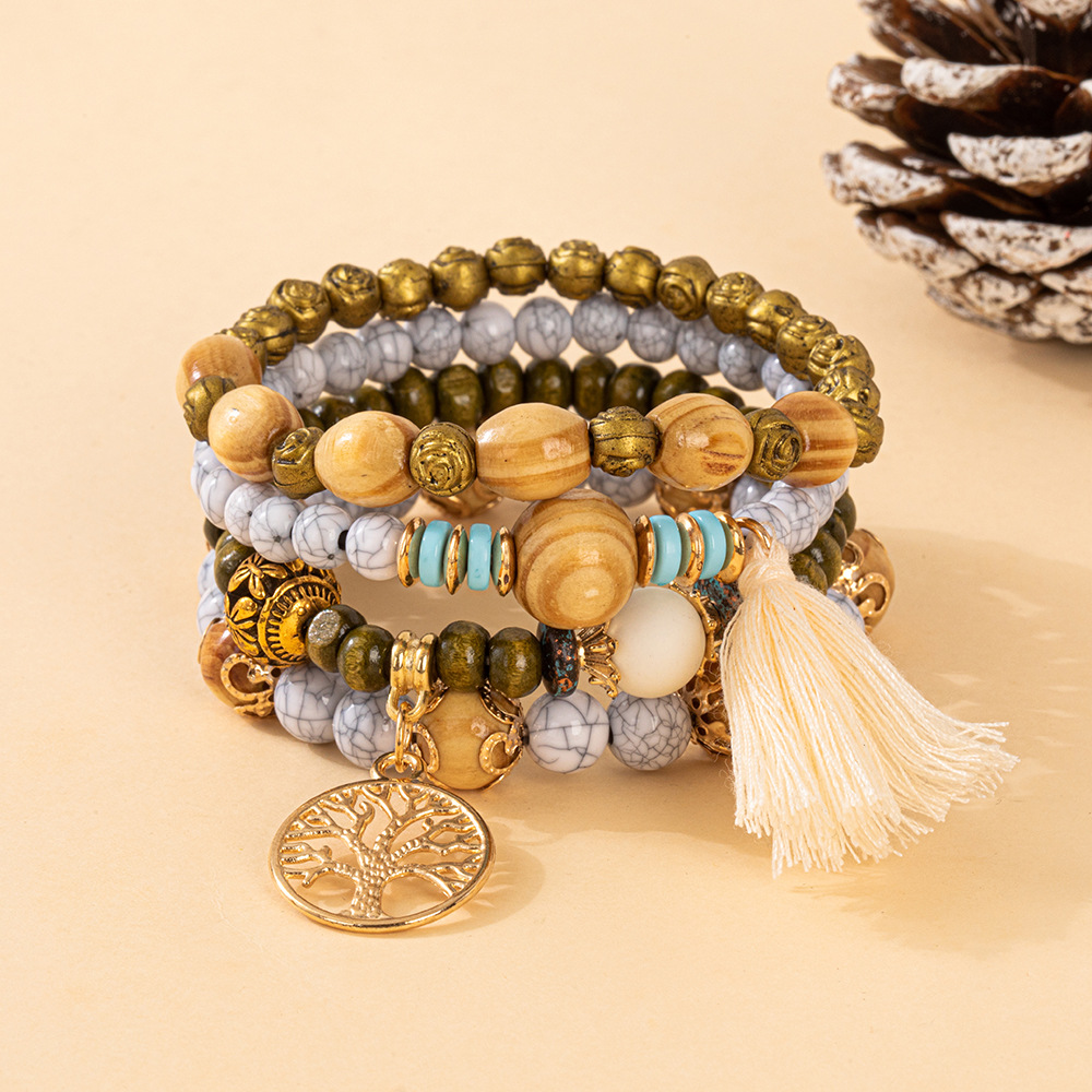 Multiple colors glass alloy resin 6mm Bohemian style Life Tree tassel multi-layer bead bracelet