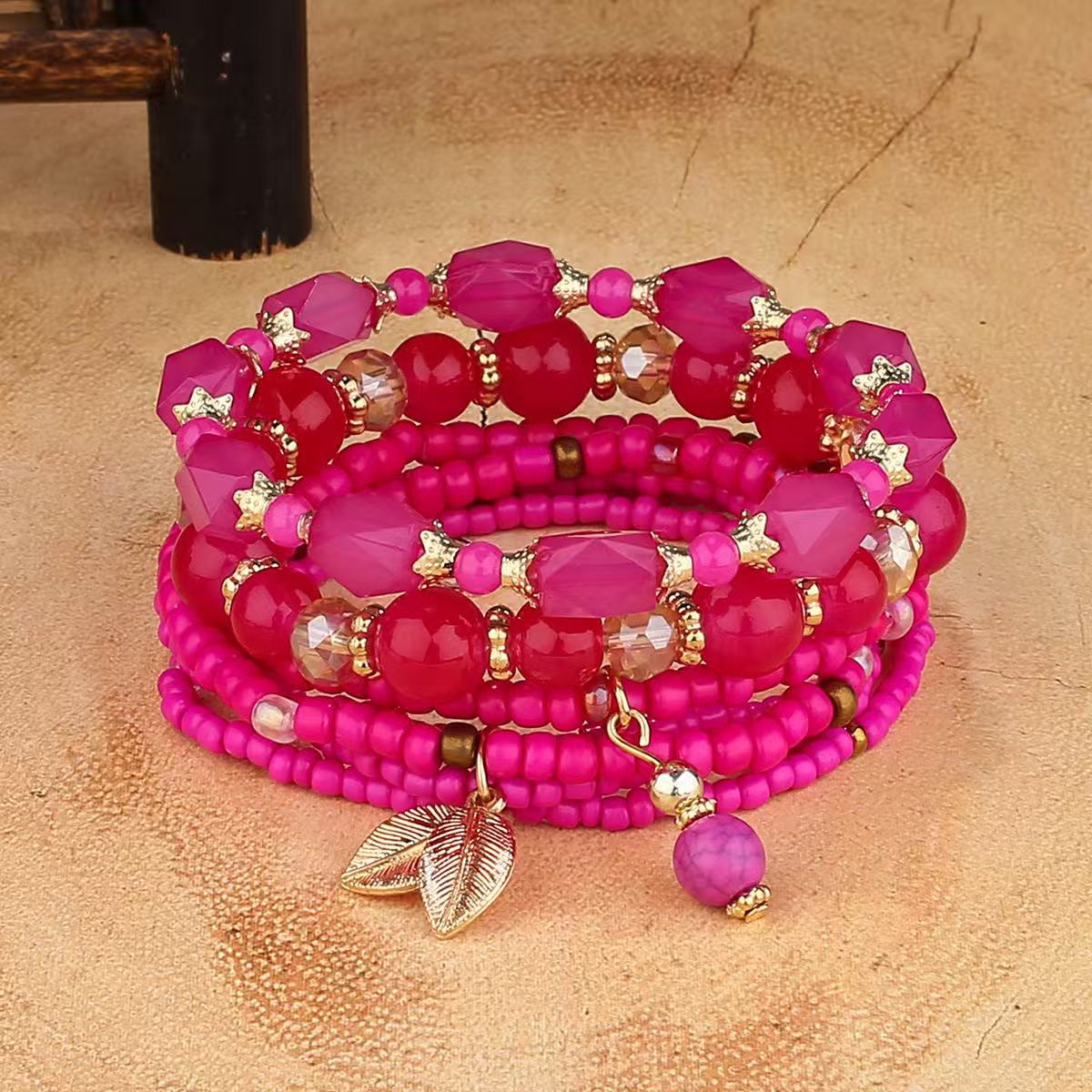 Multiple colors glass alloy resin 6mm Bohemian style Geometric leaves multi-layer bead bracelet