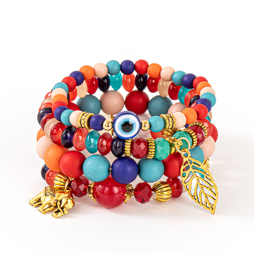 Multiple colors glass alloy resin coloured glaze 6mm Bohemian style Hollow Life Leaves Elephant multi-layer bead bracelet