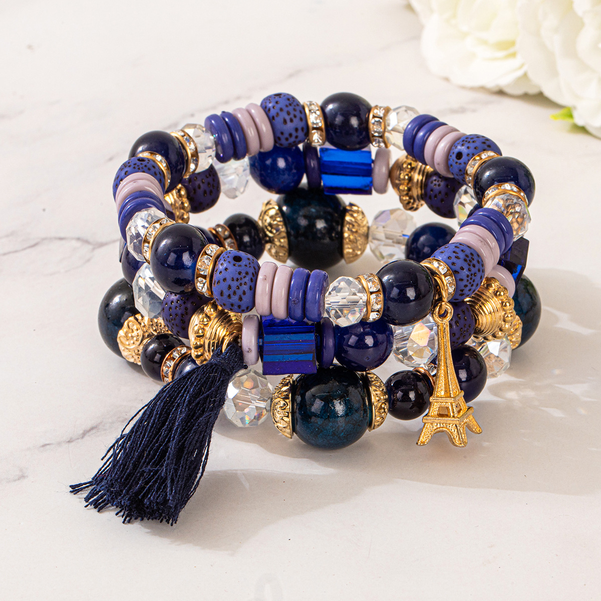 Multiple colors glass alloy resin coloured glaze 6mm Bohemian style Iron tower tassel multi-layer bead bracelet