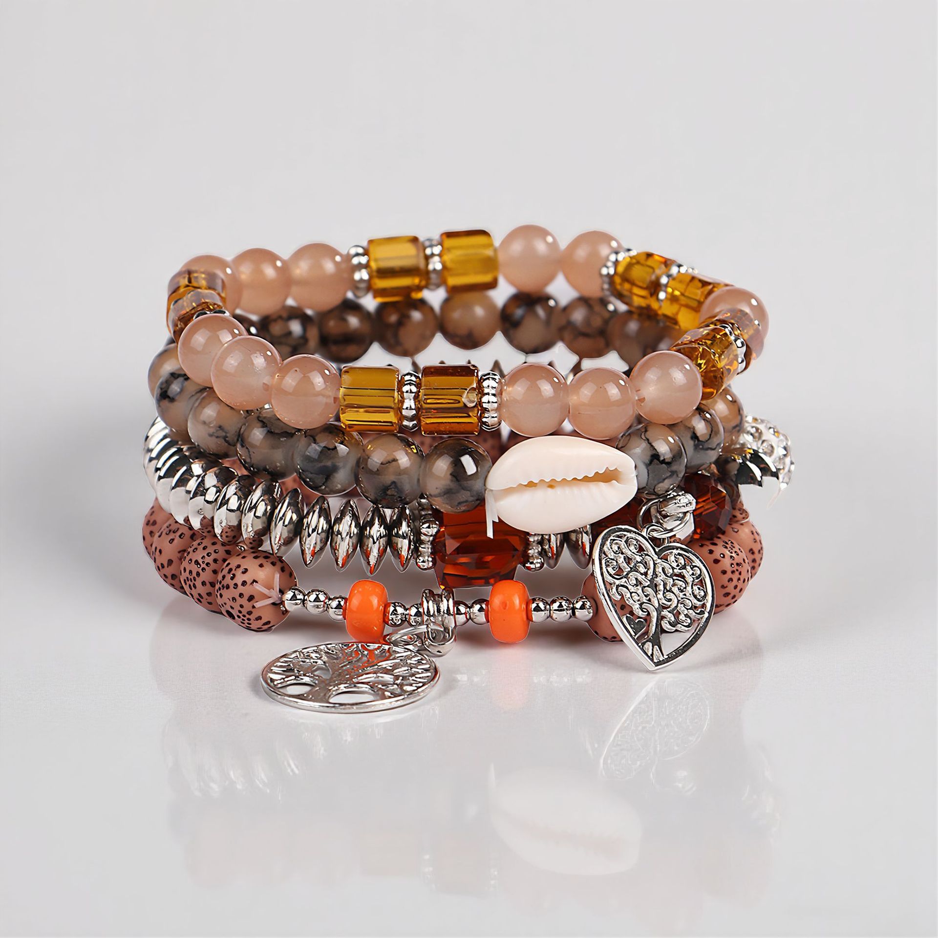 Multiple colors glass alloy resin coloured glaze 6mm Bohemian style Conch Love Life Tree multi-layer bead bracelet