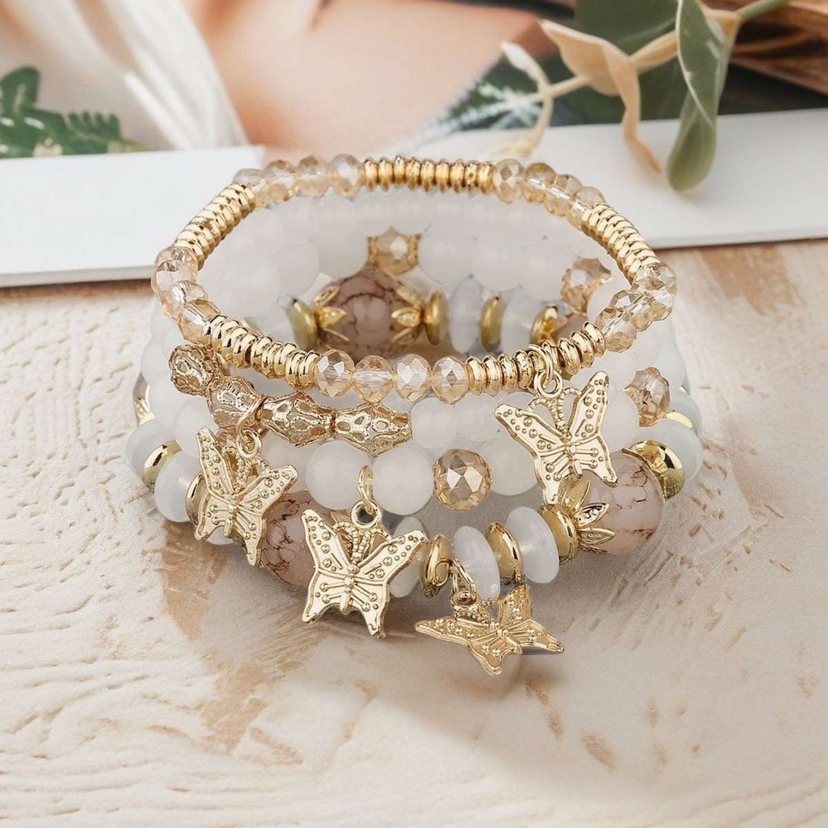 Multiple colors glass alloy resin 6mm Bohemian style Dancing butterflies multi-layer bead bracelet