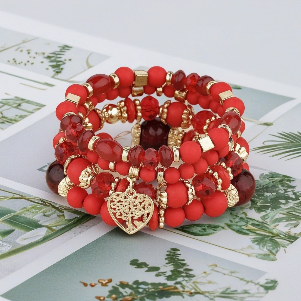 Multiple colors glass alloy resin 6mm Bohemian style hollow heart multi-layer bead bracelet