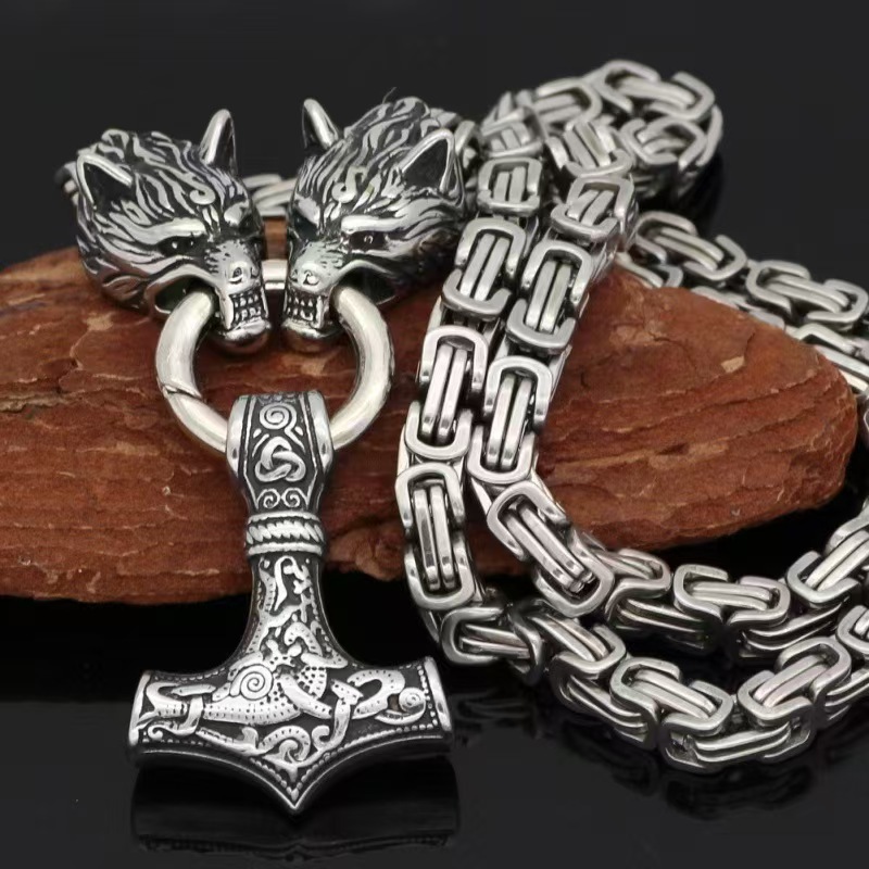Alloy Material 60 CM Viking Men's Wolf Head Thor Hammer Pendant Necklace