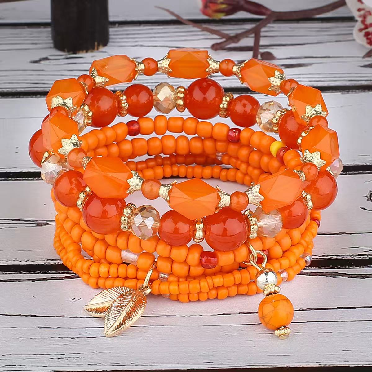 Multiple colors glass alloy resin 6mm Bohemian style Geometric leaves multi-layer bead bracelet