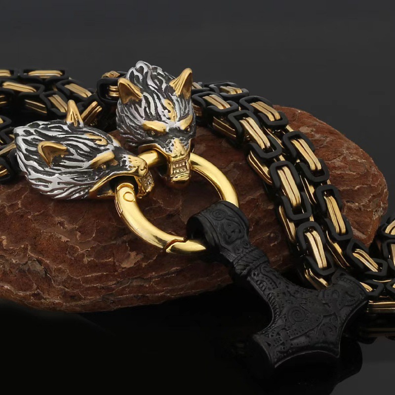 Alloy Material 60 CM Viking Men's Wolf Head Thor Hammer Pendant Necklace
