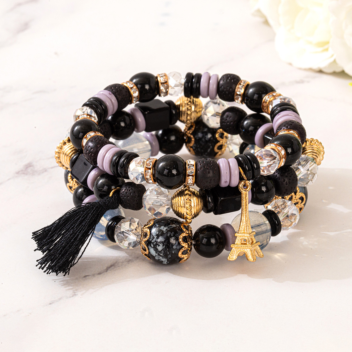 Multiple colors glass alloy resin coloured glaze 6mm Bohemian style Iron tower tassel multi-layer bead bracelet