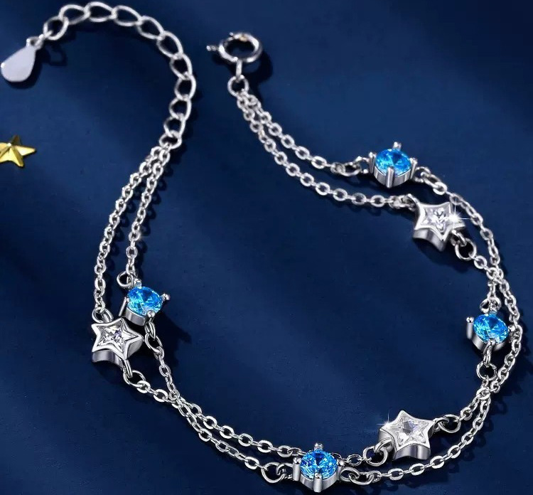 S925 3.6g 16cm+3.5cm extended chain sterling silver Double layered stars zircon Bracelet