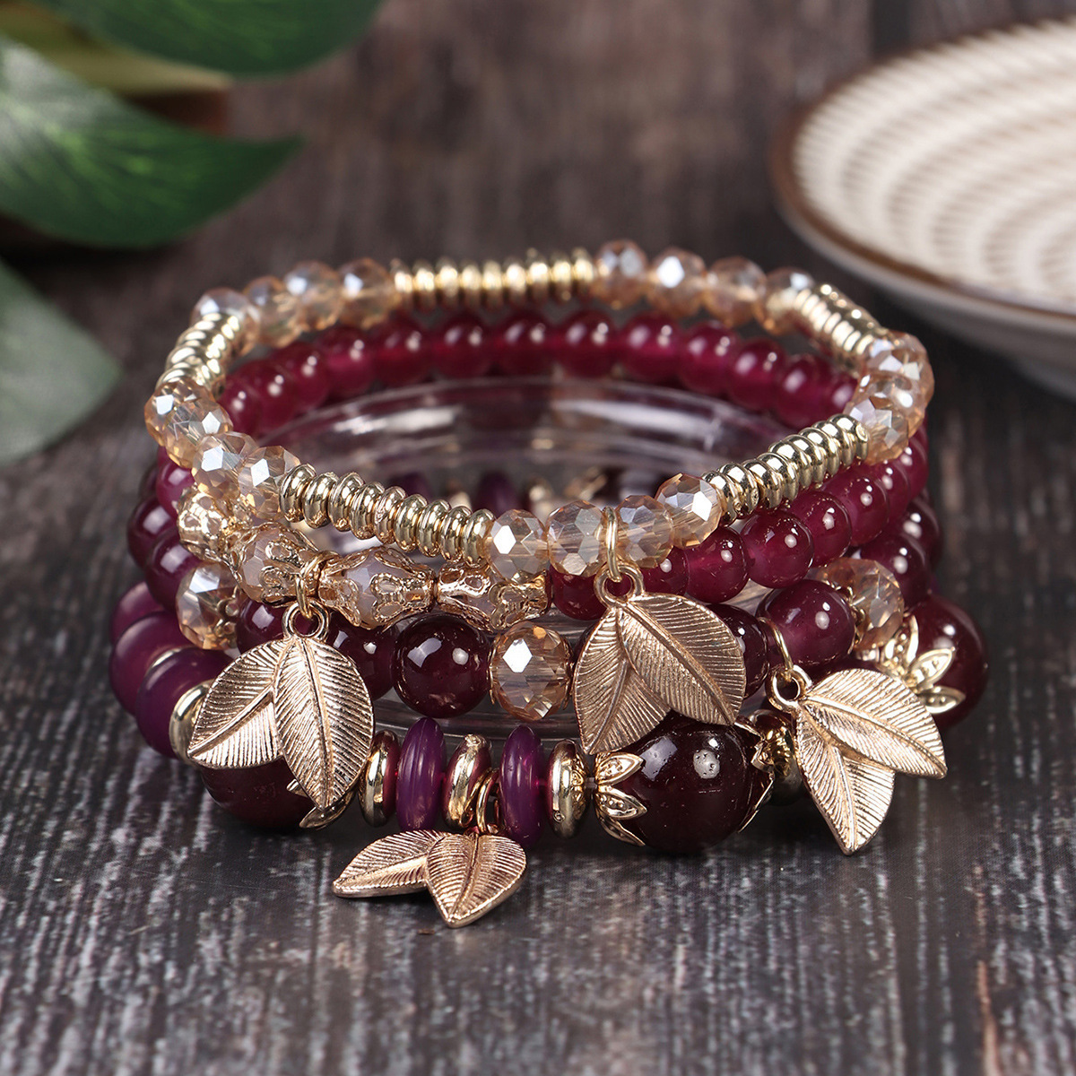 Multiple colors glass alloy resin 6mm Bohemian style 4 simple leaves multi-layer bead bracelet