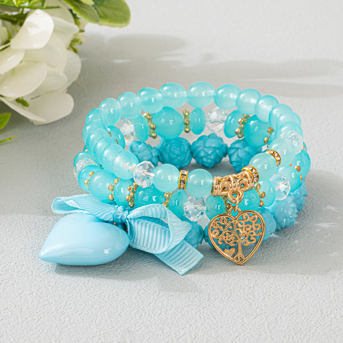Multiple colors glass 6mm Bohemian style hollow out heart-shaped multi-layer bead bracelet