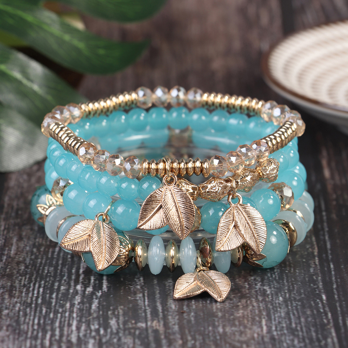 Multiple colors glass alloy resin 6mm Bohemian style 4 simple leaves multi-layer bead bracelet