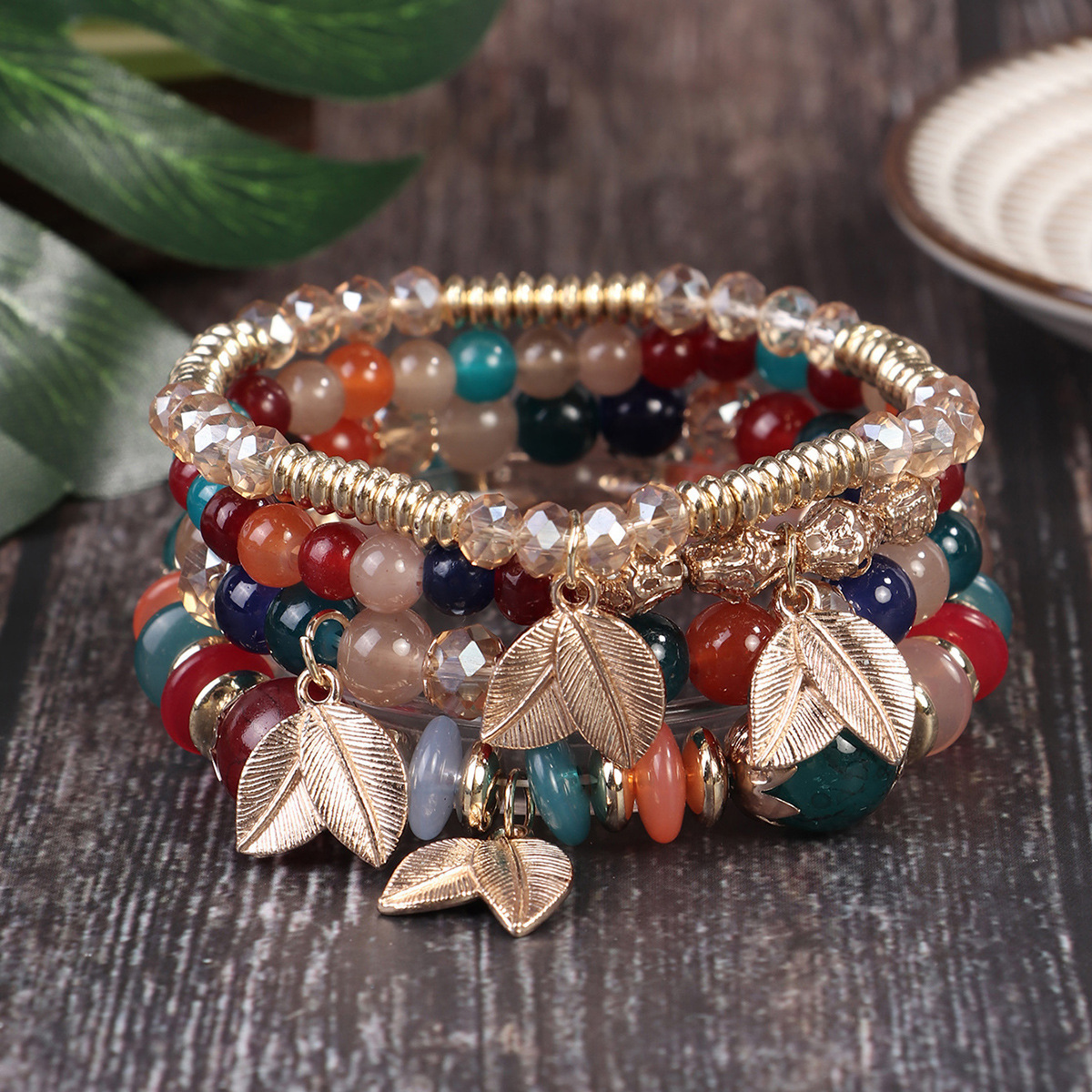 Multiple colors glass alloy resin 6mm Bohemian style 4 simple leaves multi-layer bead bracelet