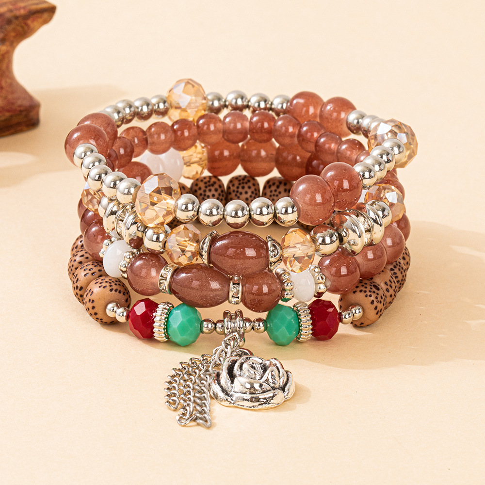 Multiple colors glass alloy resin coloured glaze 6mm Bohemian style Rose Chain multi-layer bead bracelet