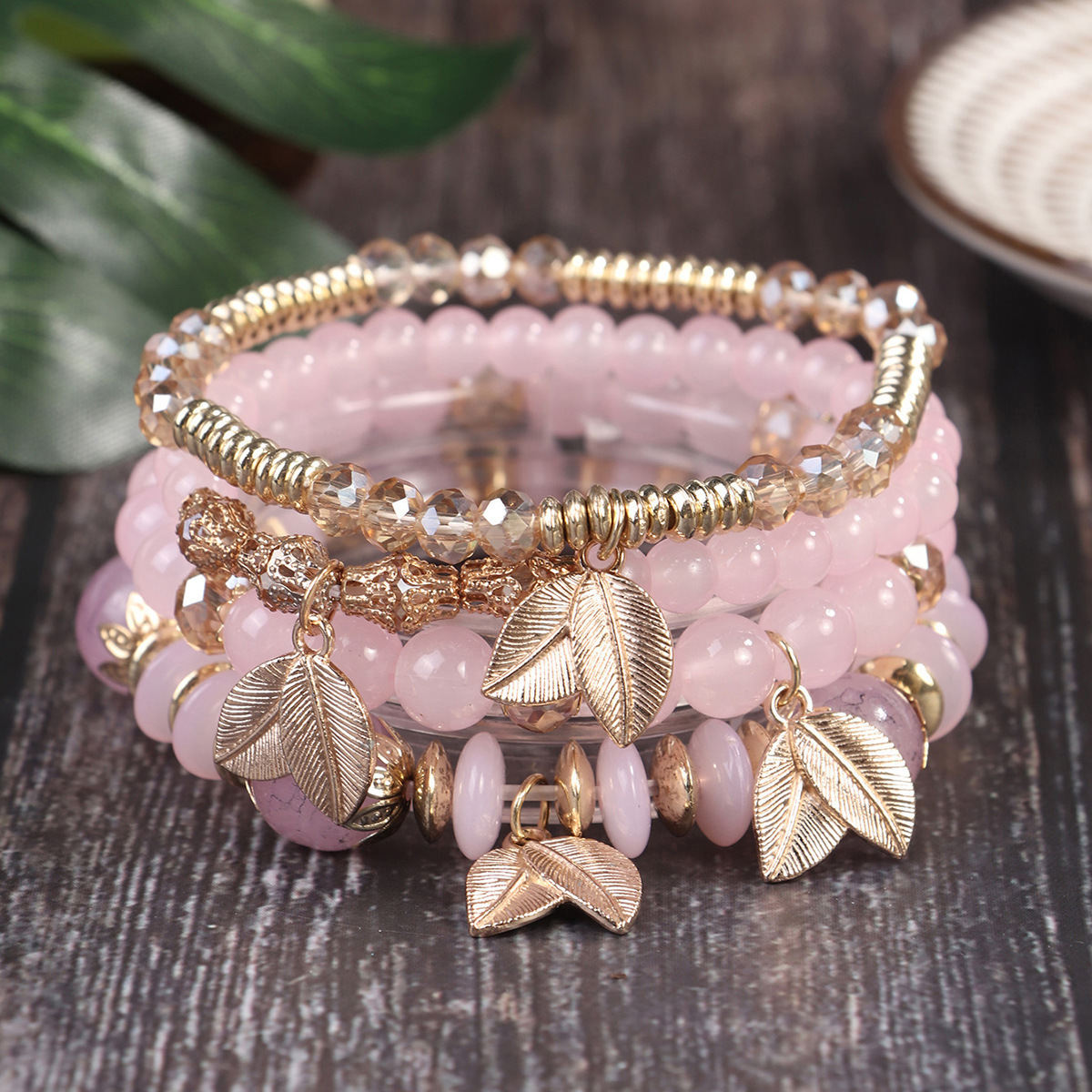 Multiple colors glass alloy resin 6mm Bohemian style 4 simple leaves multi-layer bead bracelet