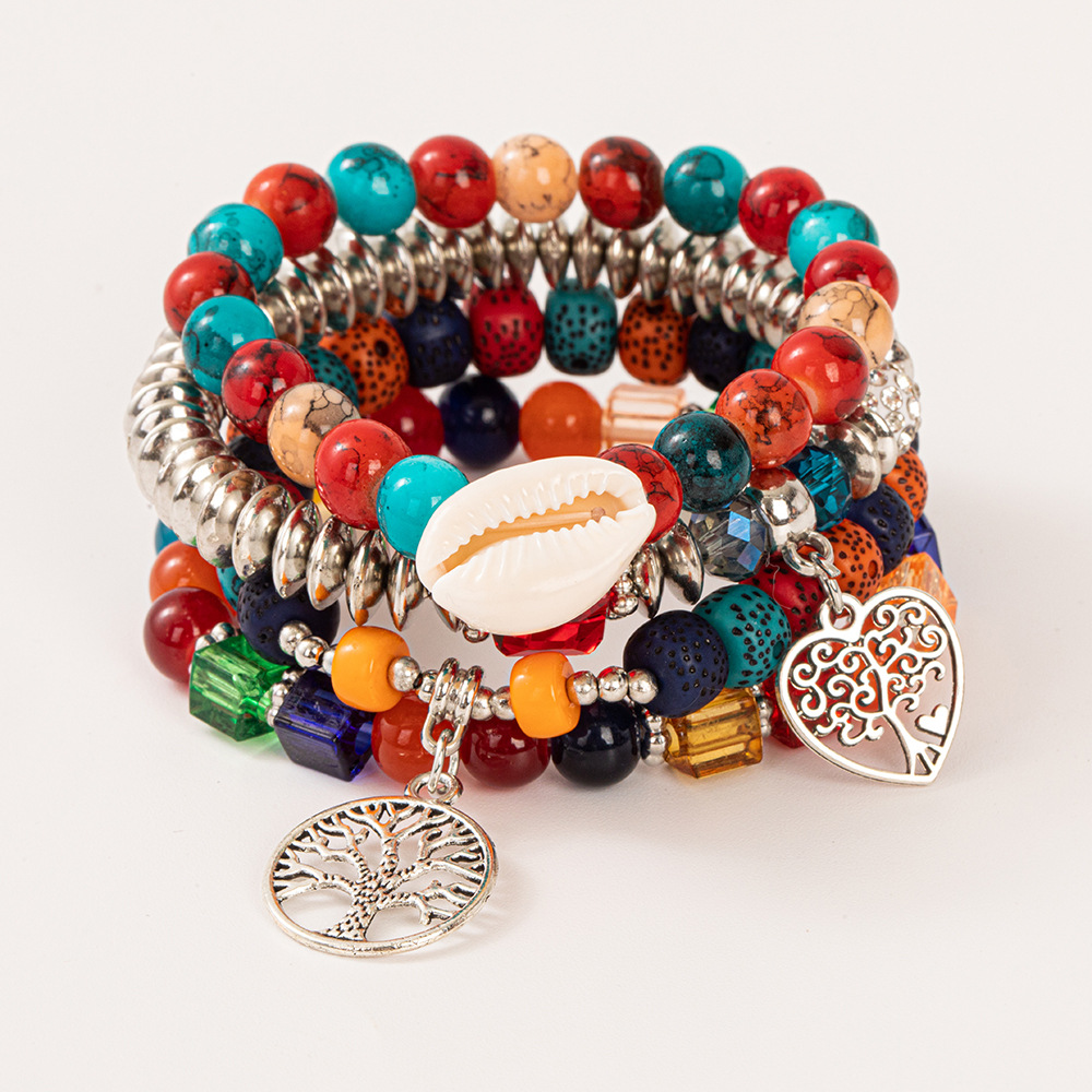 Multiple colors glass alloy resin coloured glaze 6mm Bohemian style Conch Love Life Tree multi-layer bead bracelet