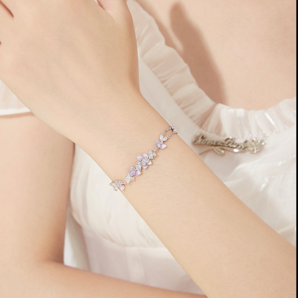 S925 4.6g 16cm+3.5cm extended chain sterling silver Double layered wisteria flower zircon Bracelet