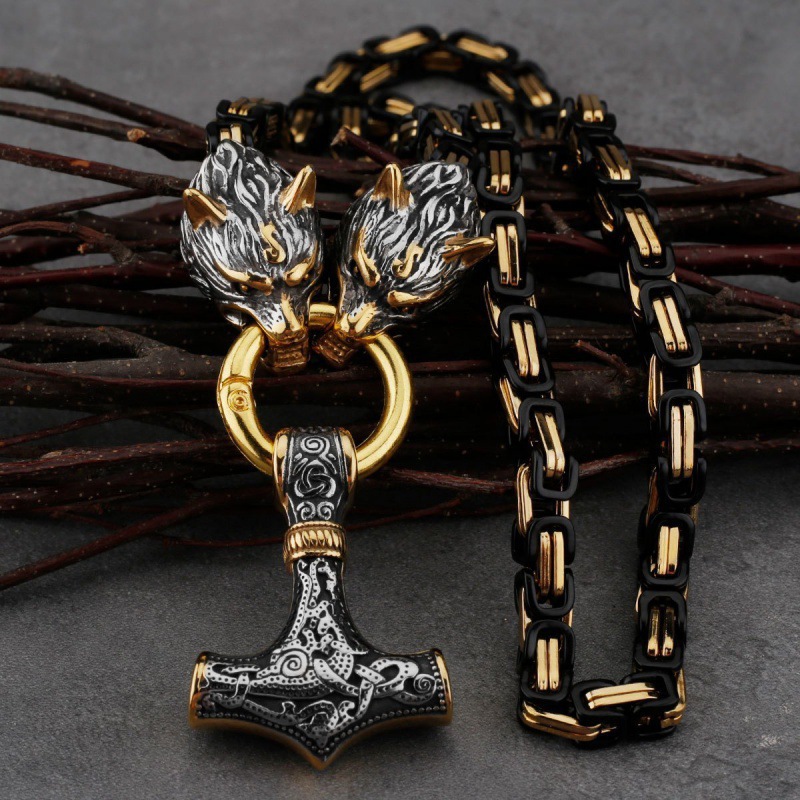 Alloy Material 60 CM Viking Men's Wolf Head Thor Hammer Pendant Necklace