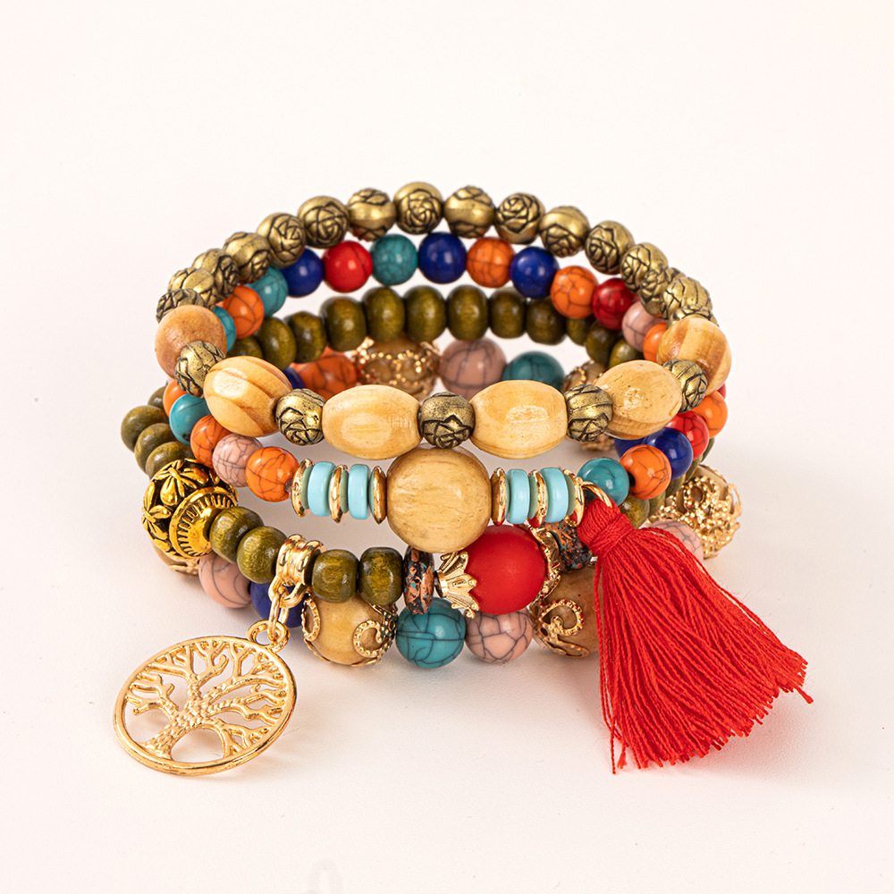 Multiple colors glass alloy resin 6mm Bohemian style Life Tree tassel multi-layer bead bracelet