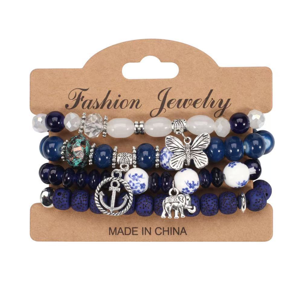 Multiple colors glass alloy resin 6mm Bohemian style Elephant Butterfly Boat Anchor multi-layer bead bracelet