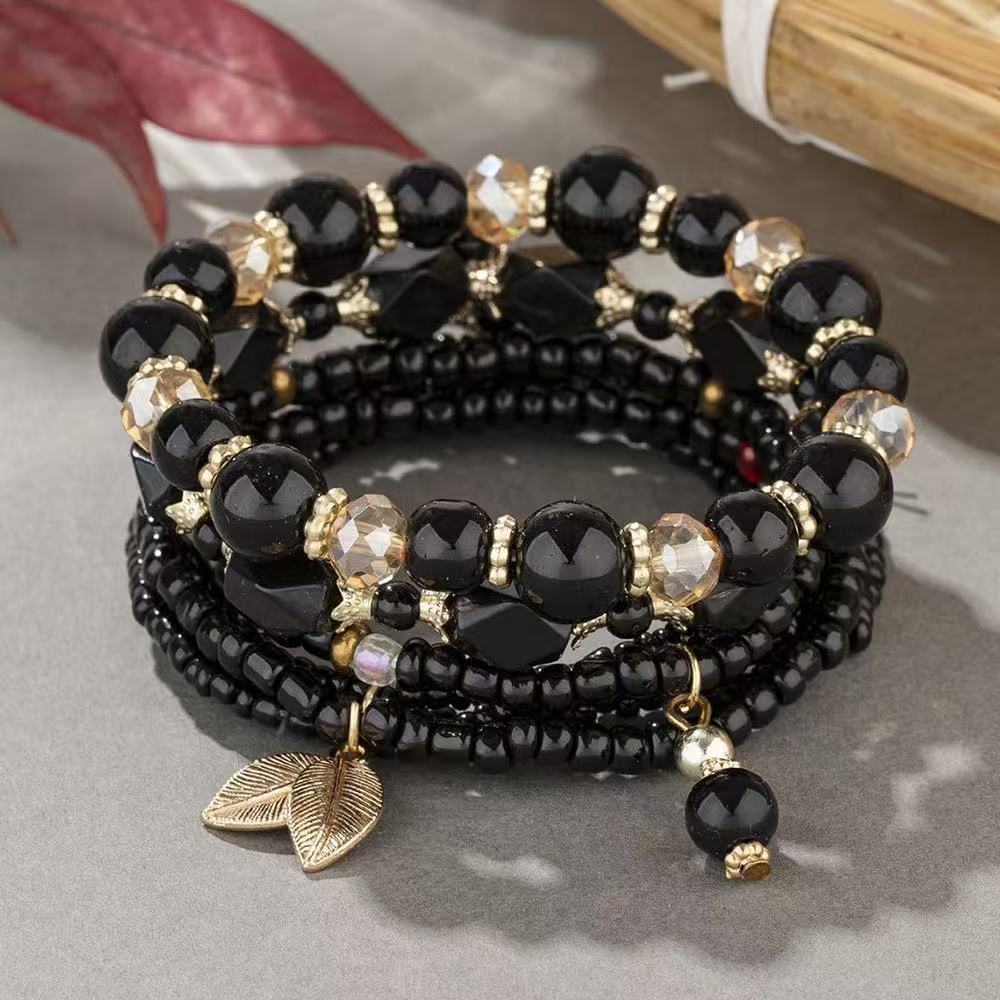 Multiple colors glass alloy resin 6mm Bohemian style Geometric leaves multi-layer bead bracelet