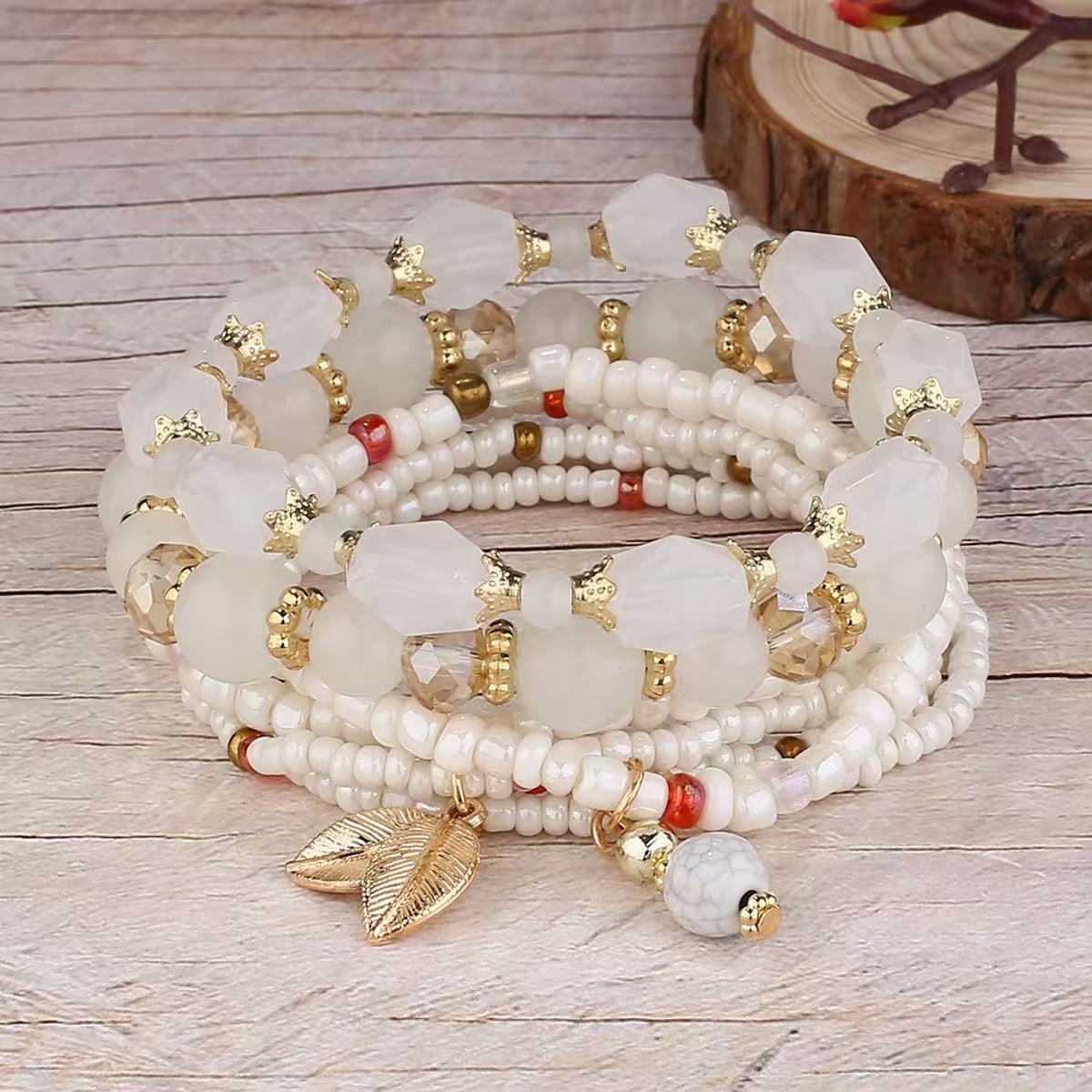 Multiple colors glass alloy resin 6mm Bohemian style Geometric leaves multi-layer bead bracelet
