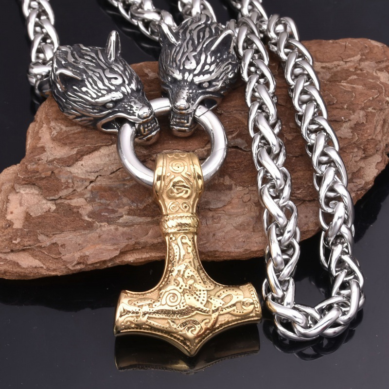 Alloy Material 60 CM Viking Men's Wolf Head Thor Hammer Pendant Necklace