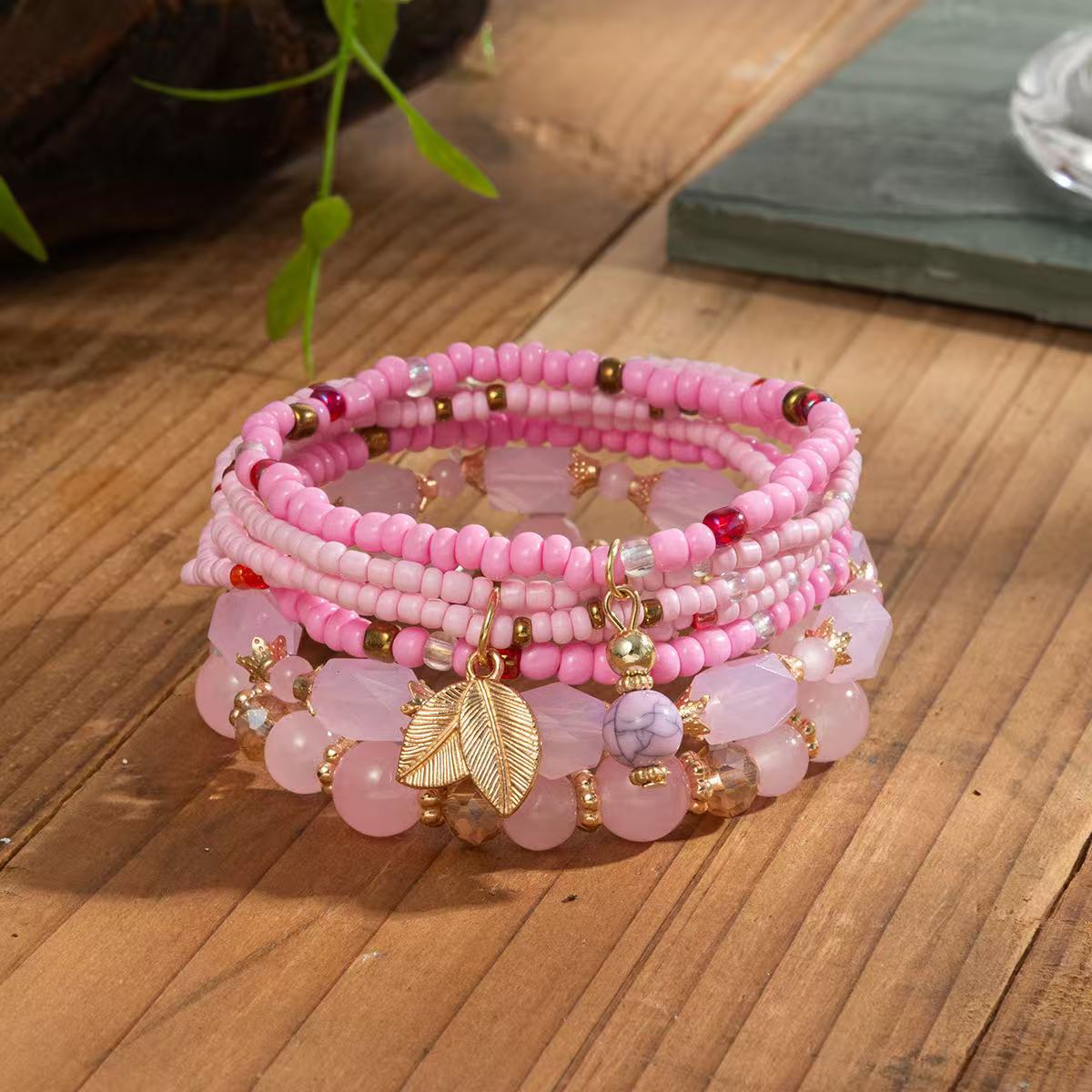 Multiple colors glass alloy resin 6mm Bohemian style Geometric leaves multi-layer bead bracelet