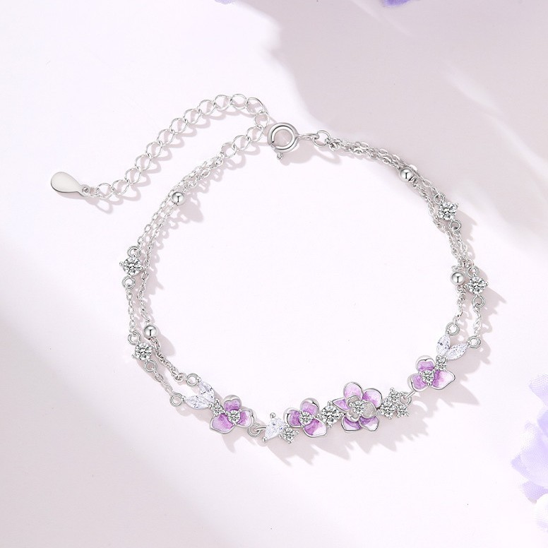 S925 4.6g 16cm+3.5cm extended chain sterling silver Double layered wisteria flower zircon Bracelet
