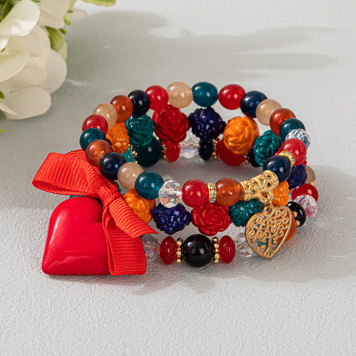 Multiple colors glass 6mm Bohemian style hollow out heart-shaped multi-layer bead bracelet