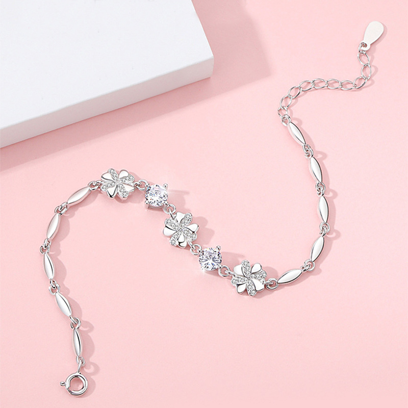 S925 4.6g 17cm+3.5cm extended chain sterling silver Lucky Four-Leaf Clover zircon Bracelet