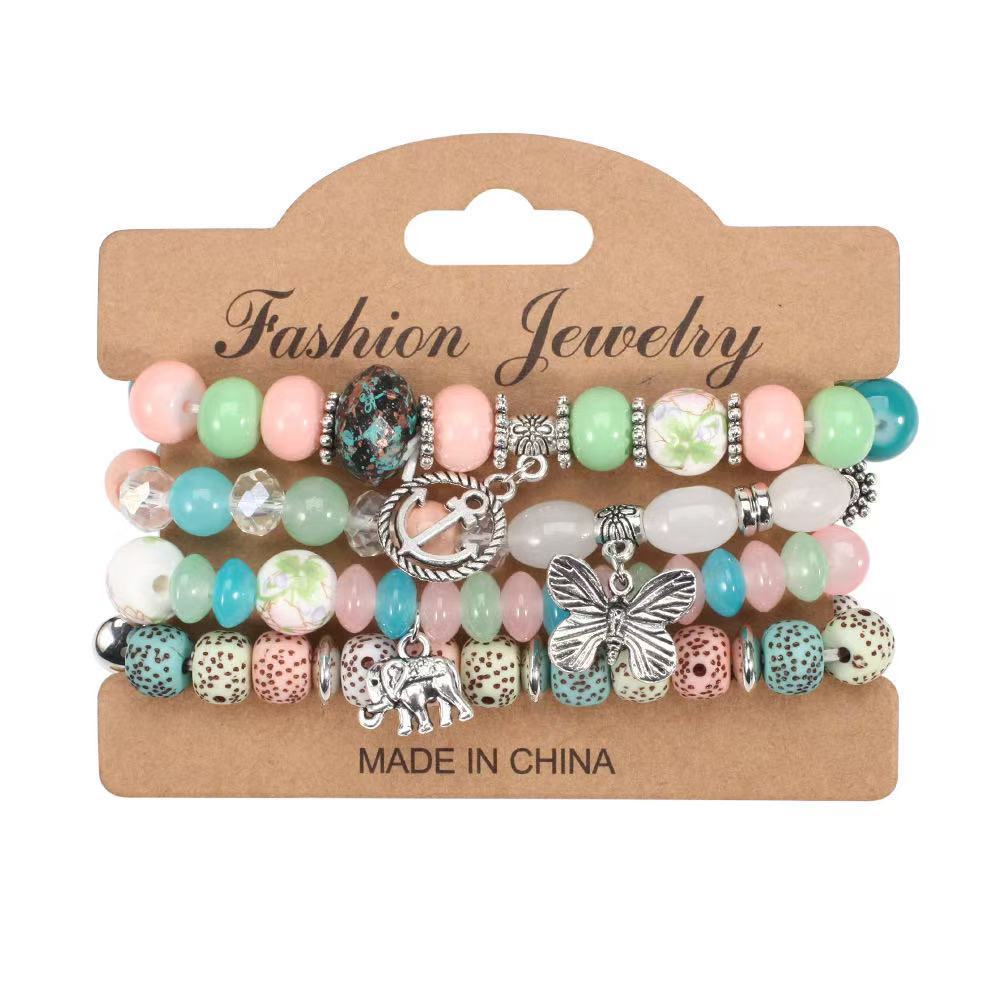 Multiple colors glass alloy resin 6mm Bohemian style Elephant Butterfly Boat Anchor multi-layer bead bracelet