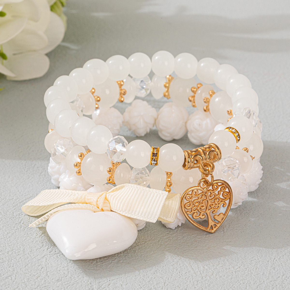 Multiple colors glass 6mm Bohemian style hollow out heart-shaped multi-layer bead bracelet