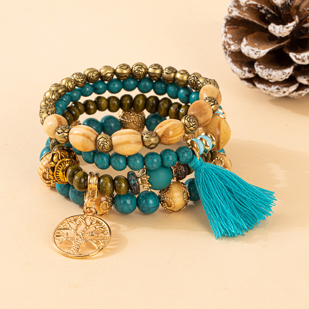 Multiple colors glass alloy resin 6mm Bohemian style Life Tree tassel multi-layer bead bracelet