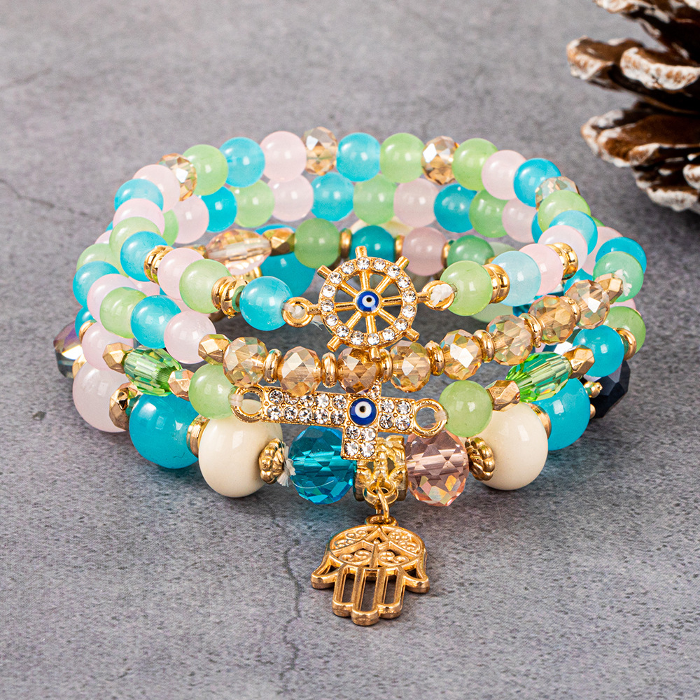 Multiple colors glass alloy resin coloured glaze 6mm Bohemian style Cross Palm Ship Anchor multi-layer bead bracelet