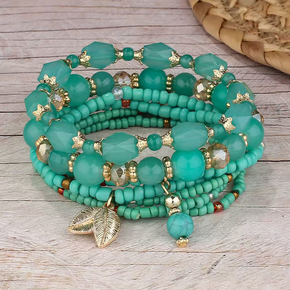 Multiple colors glass alloy resin 6mm Bohemian style Geometric leaves multi-layer bead bracelet
