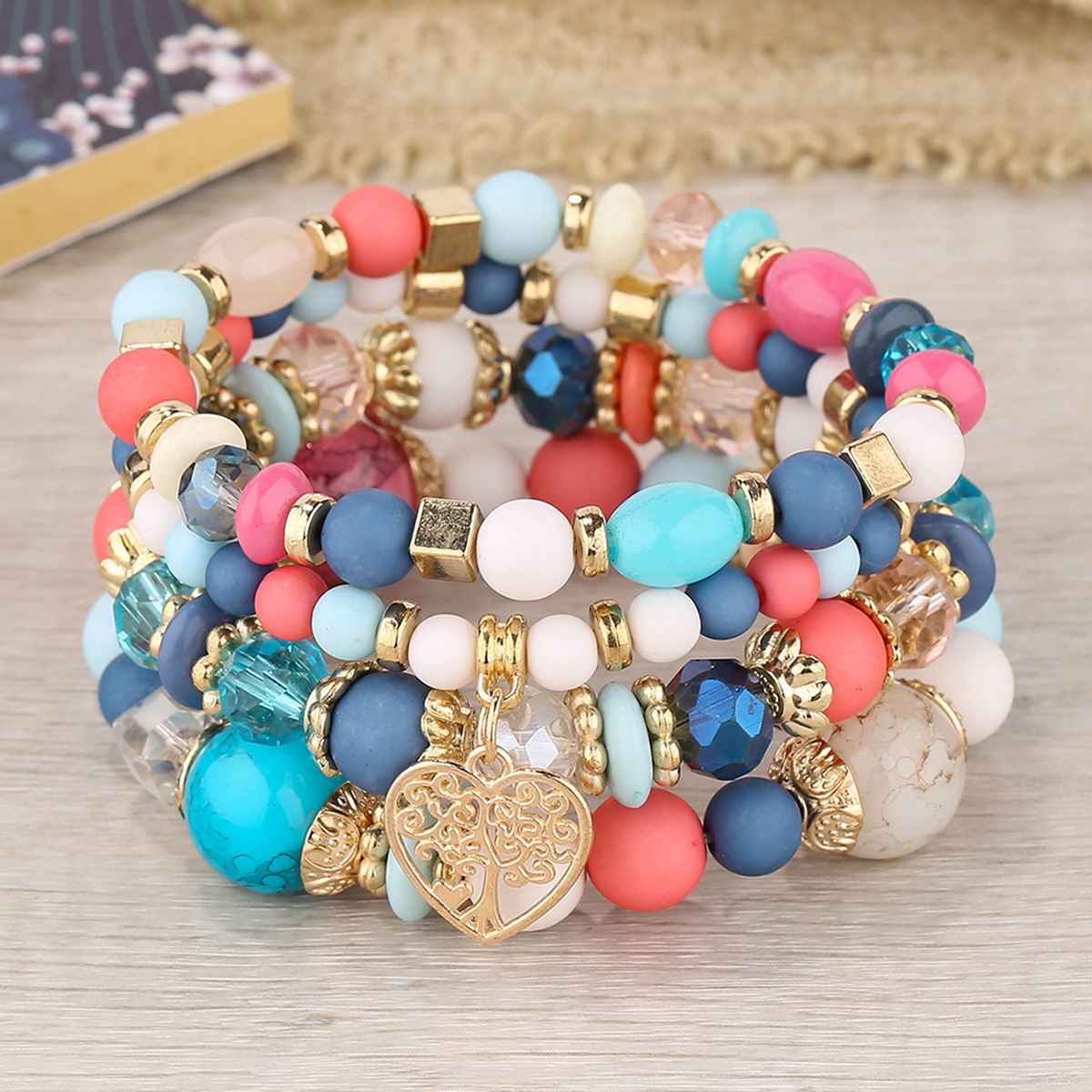Multiple colors glass alloy resin 6mm Bohemian style hollow heart multi-layer bead bracelet