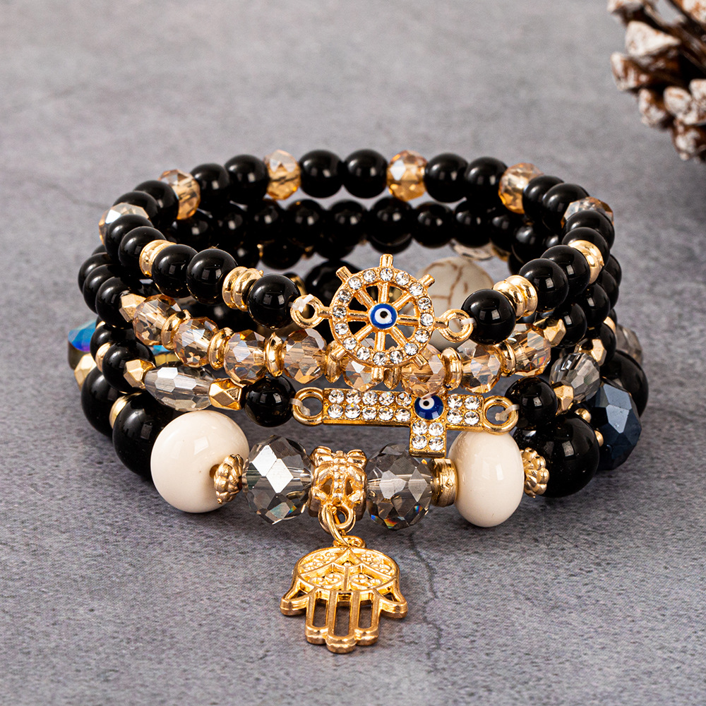 Multiple colors glass alloy resin coloured glaze 6mm Bohemian style Cross Palm Ship Anchor multi-layer bead bracelet