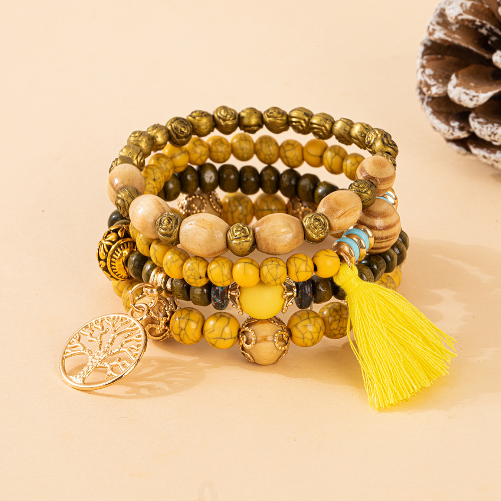 Multiple colors glass alloy resin 6mm Bohemian style Life Tree tassel multi-layer bead bracelet