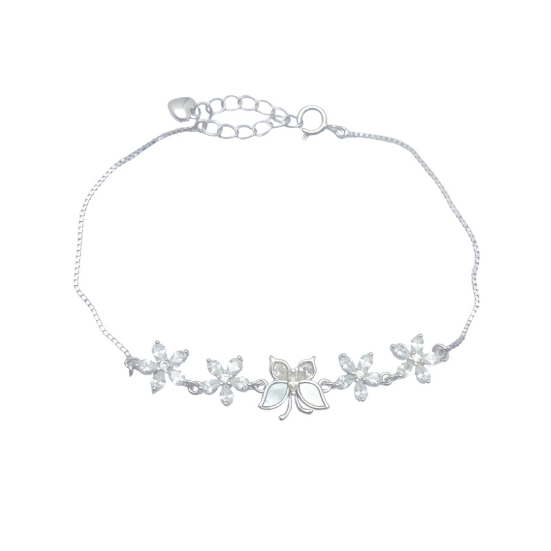 S925 2.87g 16.9cm+ 3.6cm extended chain sterling silver butterfly flower bracelet  