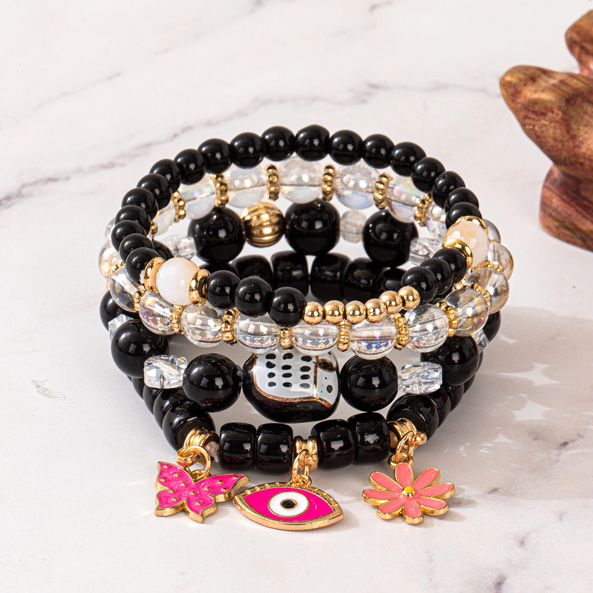 Multiple colors glass alloy resin coloured glaze 6mm Bohemian style Flower Eyes Butterfly multi-layer bead bracelet